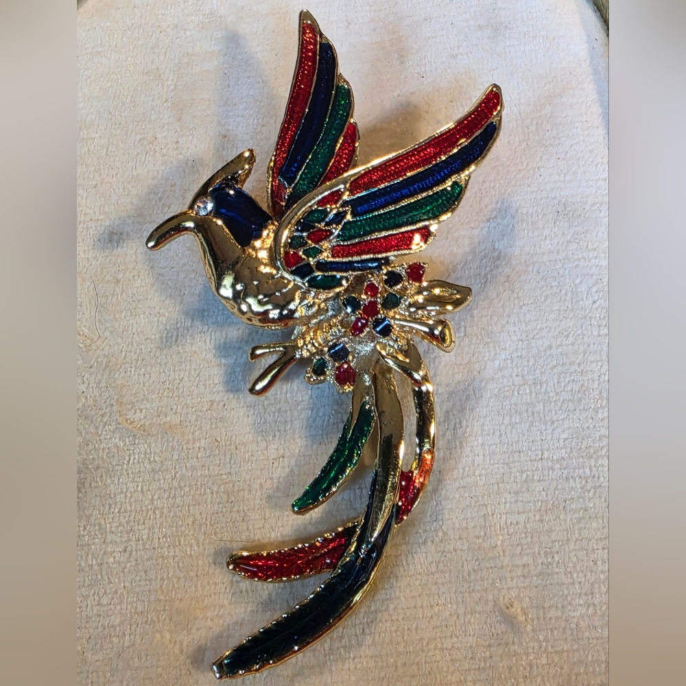 vintage Enamel bird of paradise brooch, likely from the 1980s